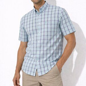 IZOD Mens Plaid Button Down Shirt Medium Blue Short Sleeve Cotton Classic Golf